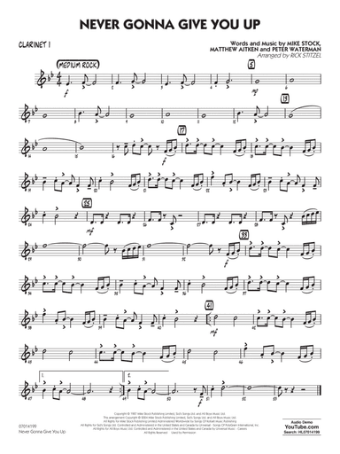 Never Gonna Give You Up (arr. Rick Stitzel) - Bb Clarinet 1