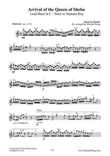 Arrival of Queen of Sheba - Lead Sheet in C for Soprano or Tenor Saxophone