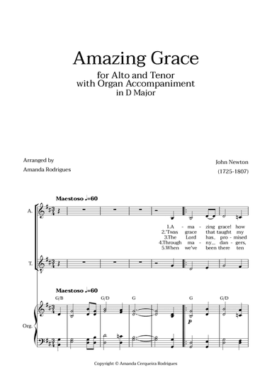 Amazing Grace in D Major - Alto and Tenor with Organ Accompaniment and Chords