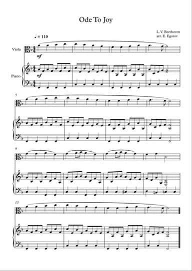 Ode To Joy, Ludwig Van Beethoven, For Viola & Piano
