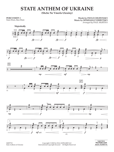 State Anthem of Ukraine (Shche Ne Vmerla Ukrainy) (arr. Murtha) - Percussion 1