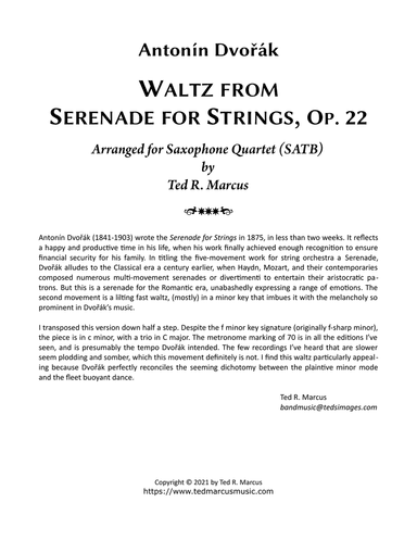 Waltz (2nd Movement) from Serenade for Strings, Op. 22 for Saxophone Quartet