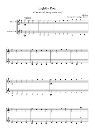 Lightly Row (Theme with 3 Easy Variations) - For Clarinet and Bass Clarinet