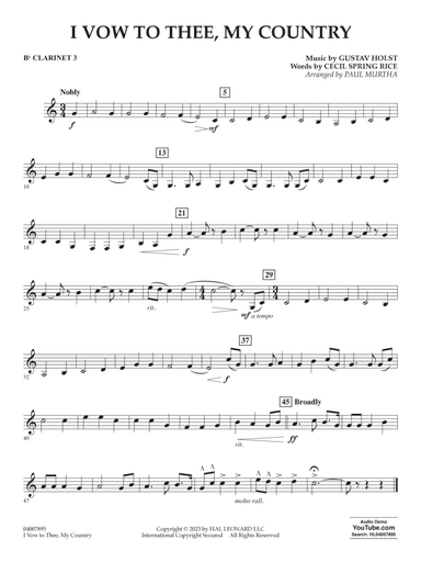 I Vow To Thee, My Country (arr. Murtha) - Bb Clarinet 3