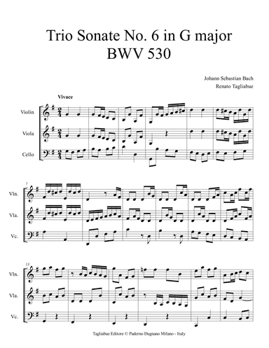 BACH J.S. - BWV 530 - Trio Sonate No. 6 in G major - Arr. for Trio String