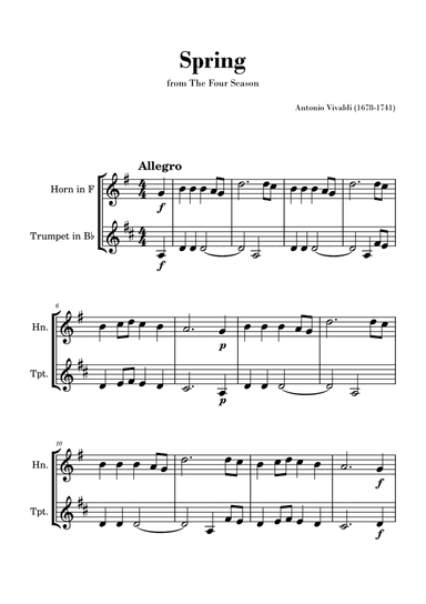 Spring from 'The Four Seasons' by Vivaldi - Easy Horn and Trumpet Duet
