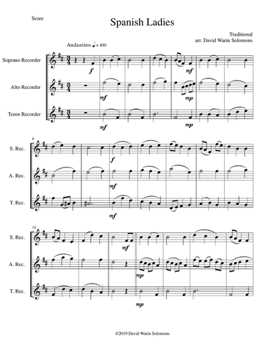Spanish Ladies for recorder trio (soprano, alto, tenor)
