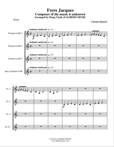 Frere Jacques for Clarinet Quartet