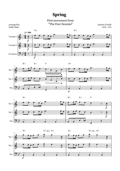 Spring - The Four Seasons for Trumpet, Trumpet and Trombone Trio (+ CHORDS)