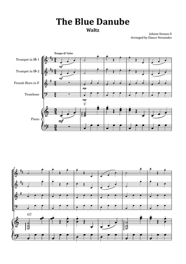 The Blue Danube - Brass Quartet with Piano and Chord Notations