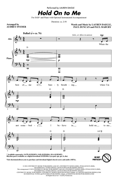 Hold On To Me (arr. Audrey Snyder)