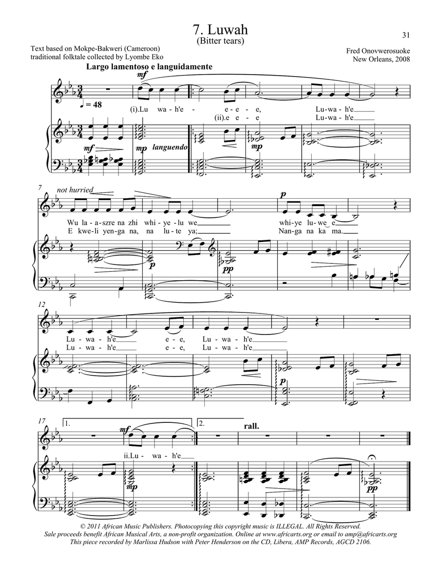 Twelve African Songs for Solo Voice and Piano - 7. LUWAH (Bitter Tears)