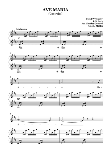 AVE MARIA - Bach/Gounod. For Soloist Contralto in D Major with Piano Accompaniment