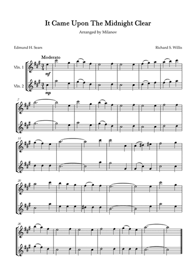 It Came Upon The Midnight Clear Violin Duet in A Melody and accompaniment Easy Intermediate