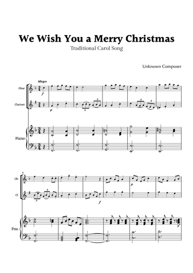 We Wish you a Merry Christmas for Oboe and Clarinet Duet with Piano