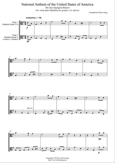 National Anthem of the USA (for viola duet, suitable for grades 2 or above)