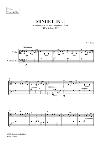 Minuet in G (from Anna Magdalena Notebook) for Viola and Cello Duet (String Duet)