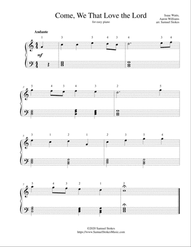 Come, We That Love the Lord (Aaron Williams setting) - for easy piano