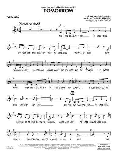 Tomorrow (from Annie) (arr. Mark Taylor) - Vocal Solo
