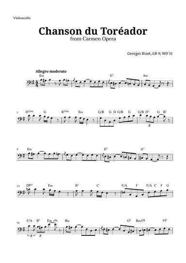 Chanson du Toreador by Bizet for Cello