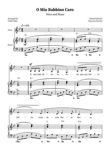 O Mio Babbino Caro - Female Voice in B-flat Major (with chords)