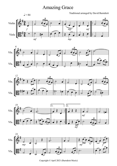 Amazing Grace for Violin and Viola Duet