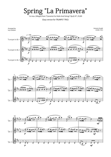 "Spring" (La Primavera) by Vivaldi - Easy version for TRUMPET TRIO