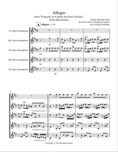 Allegro (from "Concerto for Four Claviers") (A min) (Tenor Saxophone Quintet)