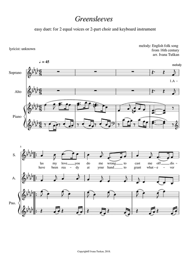Greensleeves, for SA, and piano, F minor