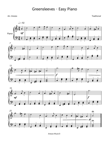 Greensleeves - Easy Piano Sheet Music