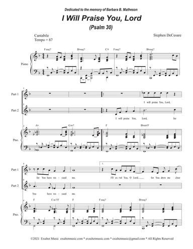 I Will Praise You, Lord (Psalm 30) (2-part choir)