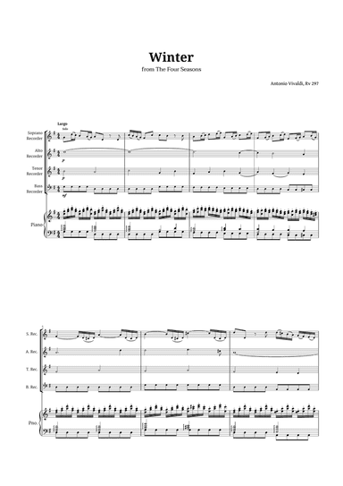 Largo from Winter by Vivaldi for Recorder Quartet and Piano