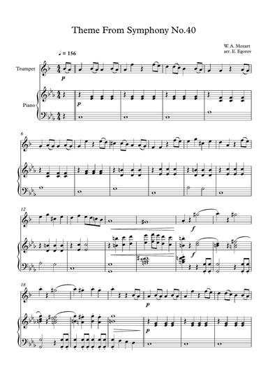 Theme From Symphony No.40, Wolfgang Amadeus Mozart, For Trumpet & Piano