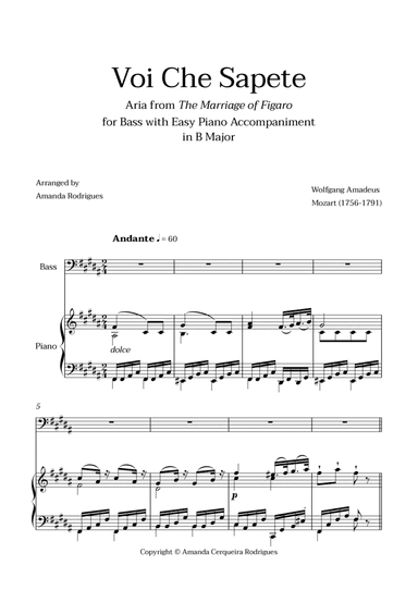 Voi Che Sapete from "The Marriage of Figaro" - Easy Bass and Piano Aria Duet in B Major