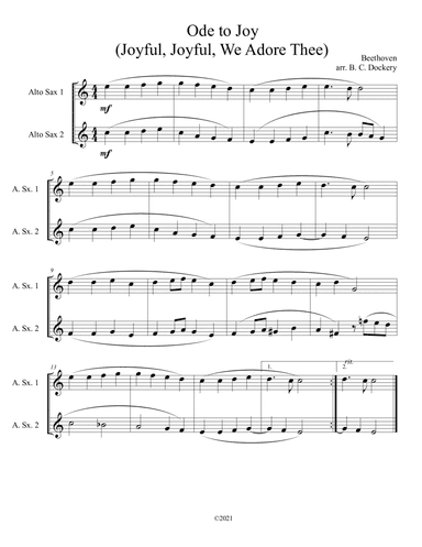 Ode to Joy (Joyful, Joyful, We Adore Thee) for alto sax duet