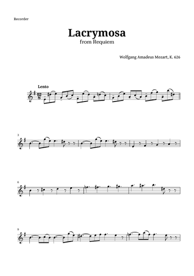 Lacrymosa from Requiem by Mozart for Recorder