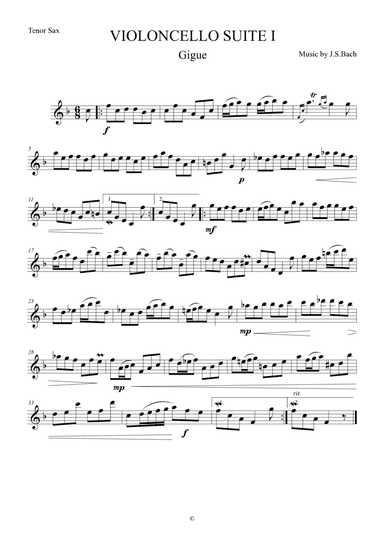 Gigue from Violoncello Suite I by J.S.Bach for Tenor Saxophone