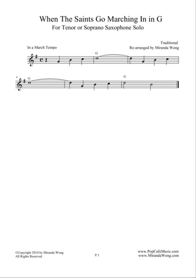 When The Saints Go Marching In - Tenor or Soprano Saxophone Solo (G Key)