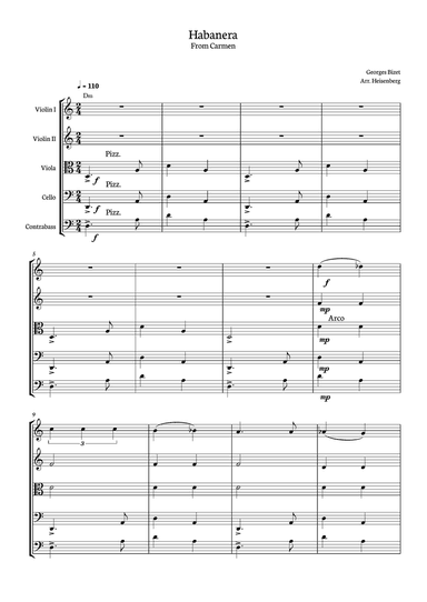 Habanera - Carmen - Georges Bizet, for String Quintet in a easy version with chords - Parts included
