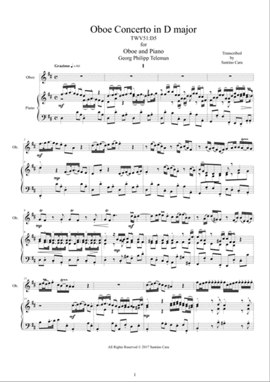 Telemann - Oboe Concerto in D major TWV 51D5 for Oboe and Piano