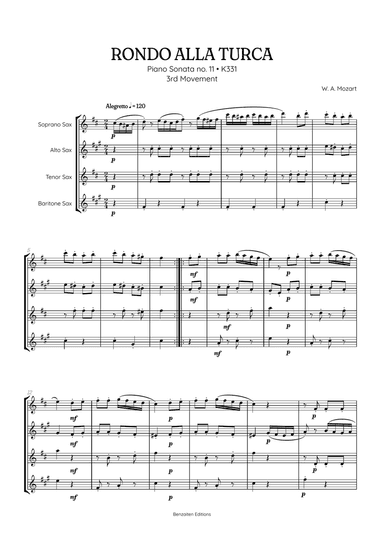 Rondo Alla Turca (Turkish March) | Sax Quartet Sheet Music