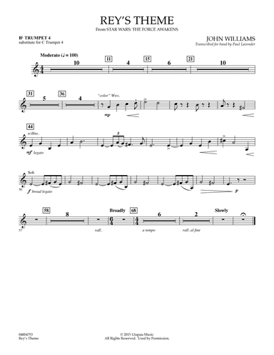 Rey's Theme (from Star Wars: The Force Awakens) - Bb Trumpet 4 (sub. C Tpt. 4)