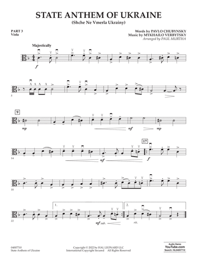 State Anthem of Ukraine (Shche Ne Vmerla Ukrainy) (arr. Murtha) - Pt.3 - Viola