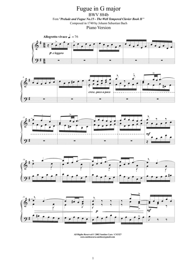 Bach - Fugue in G major BWV 884b - Piano version