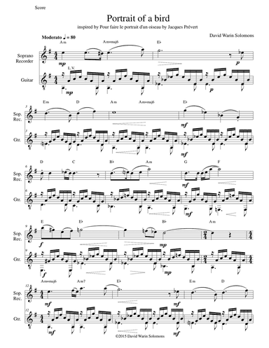 To paint the portrait of a bird for soprano recorder and guitar