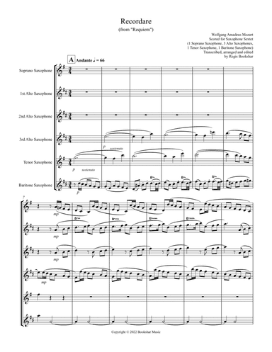 Recordare (from "Requiem") (F) (Saxophone Sextet - 1 Sop, 3 Alto, 1 Ten, 1 Bari)