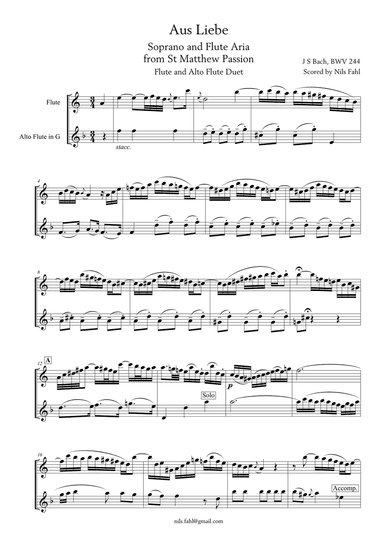 J S Bach Aus Liebe from St Matthew Passion, BWV 244. Flute and Alto Flute Duet