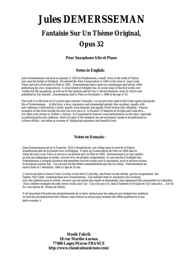 Jules Demersseman : Fantaisie, opus 32 for alto saxophone and piano
