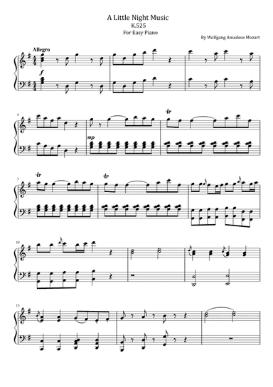 Mozart - Eine Kleine Nachtmusik - A Little Night Music - K.525 - For Easy Piano