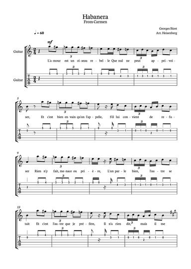 Habanera from Carmen for Classical Guitar with tab